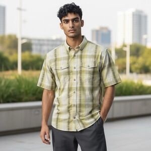 Gramicci Mens L Toaka Button Up‎ SS Shirt Yellow Plaid Embroidered